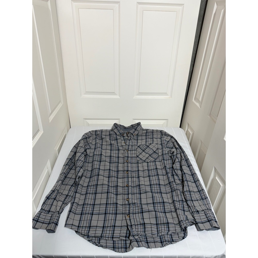 Noble Outfitters Mens XL Tall Gray Blue Plaid Flannel Button Down Work Shirt
